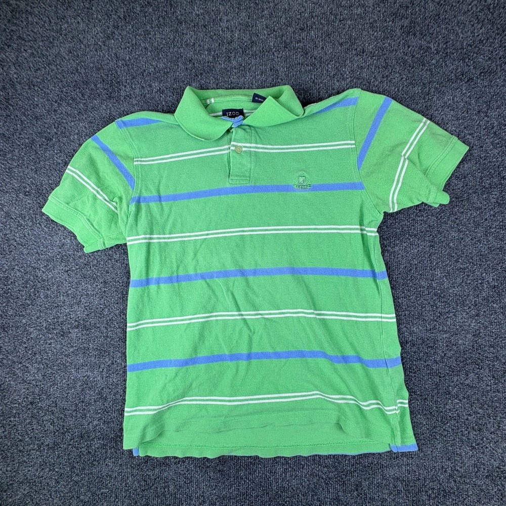 IZOD‎ Polo Shirt Mens Small Green Striped Logo Cotton Short Sleeve Performance